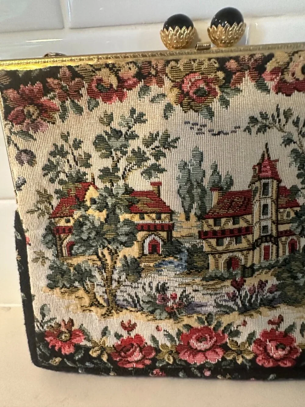 Vintage Mid-Century Tapestry Bag Clutch Pastoral Landscape Made in France Strap